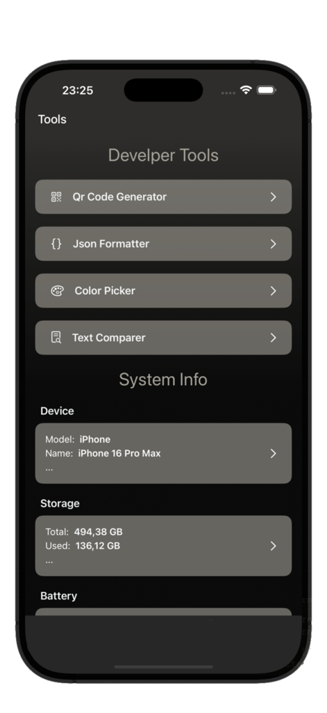 Shizuku Tool - Shizuku Tool dashboard showing developer utilities like QR code generator and JSON formatter along with iPhone system info.