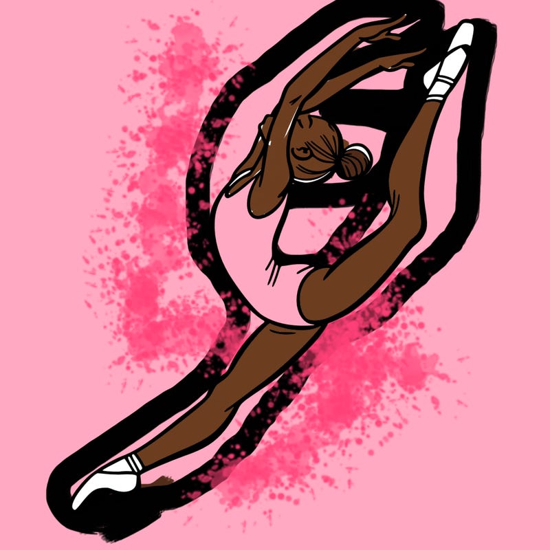 gymnast doing a leap in a leotard with a bent back leg