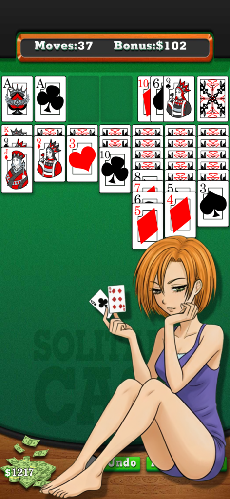 Solitaire Cash gameplay screen featuring a classic card layout, an anime girl character, and earned in-game currency.