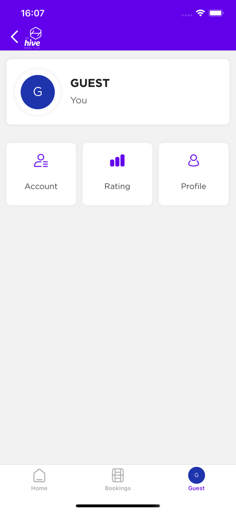 HIVE Padel - HIVE Padel app guest profile interface with account rating and profile menu options