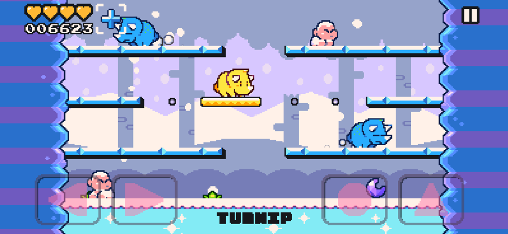 Dino Quake - Dino Quake gameplay showing a yellow dinosaur character on an icy 16-bit platformer level with blue enemies and retro arcade controls.