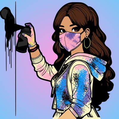 realistic girl with mask spray painting a wall