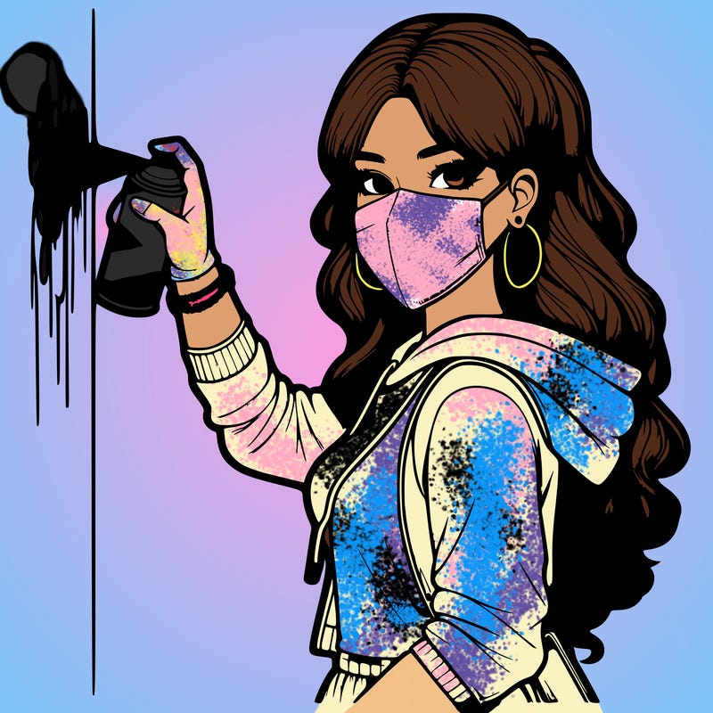 realistic girl with mask spray painting a wall