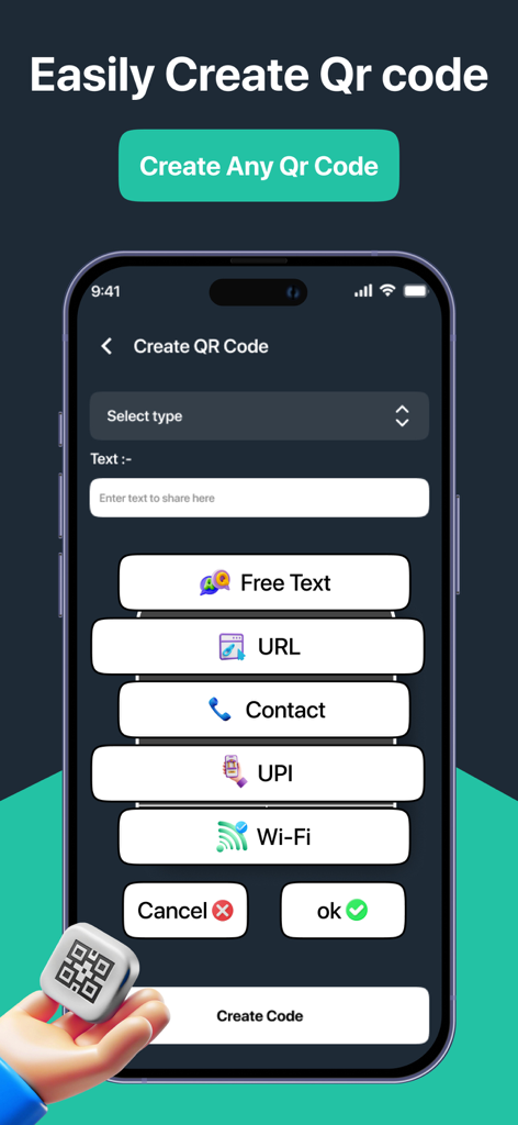 Document Scanner App. - Interface showing options to create QR codes for text URL contact and Wi-Fi