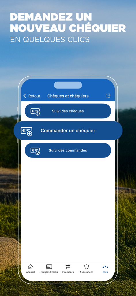 Pantalla de la aplicación móvil Credit Mutuel para solicitar un nuevo talonario de cheques