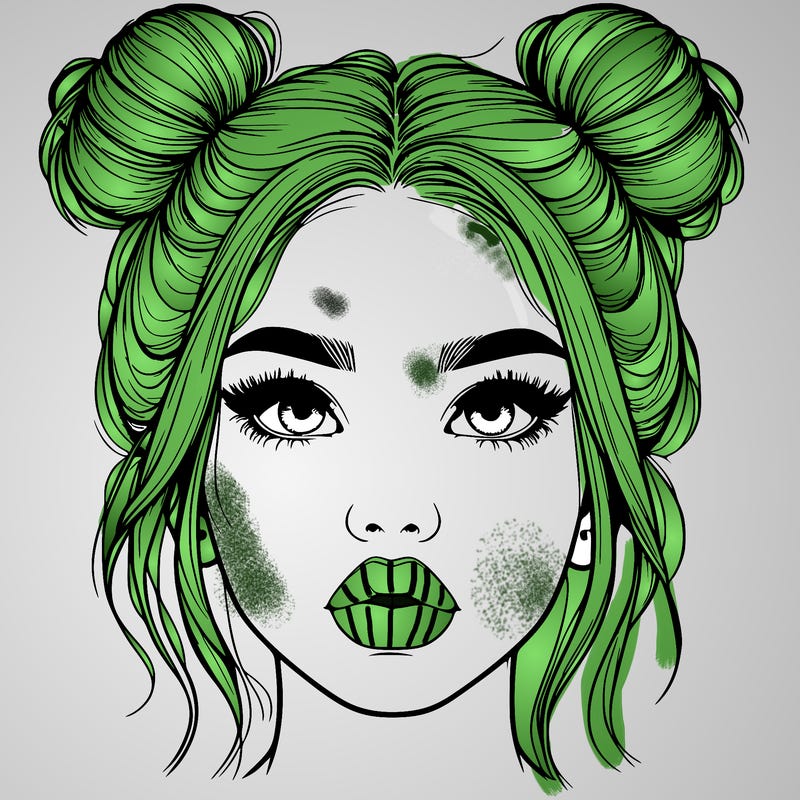 realistic girl with two buns on her hair and lips