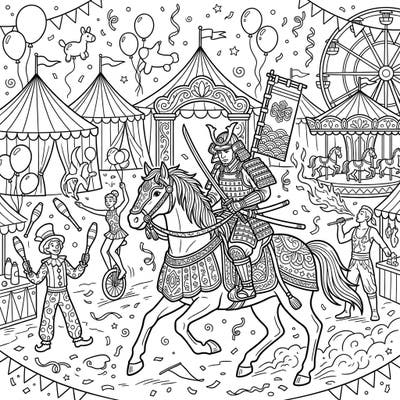 Unleash your creativity with this extraordinary coloring page featuring a majestic mounted samurai amidst a vibrant carnival. Immerse yourself in a world where ancient tradition meets festive fun, perfect for all skill levels.