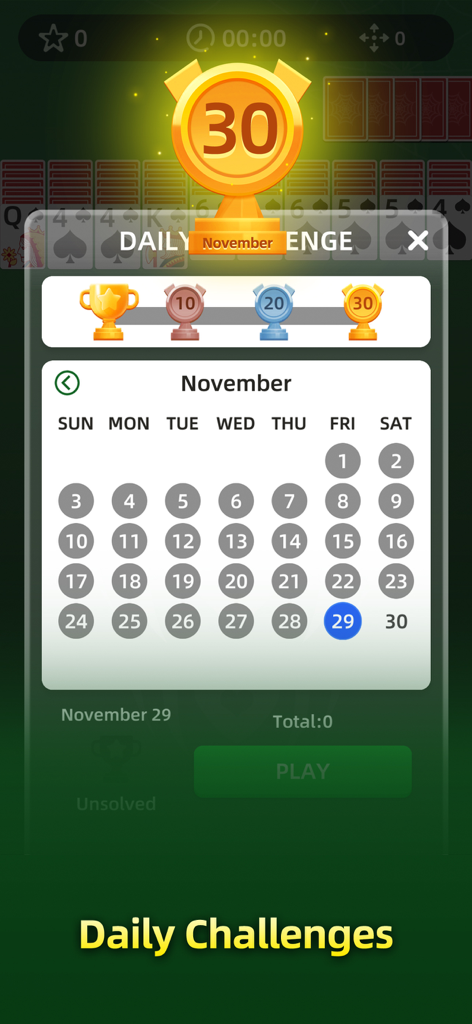 Spider Solitaire - Card 2026 - Spider Solitaire daily challenges calendar showing November progress and reward trophies