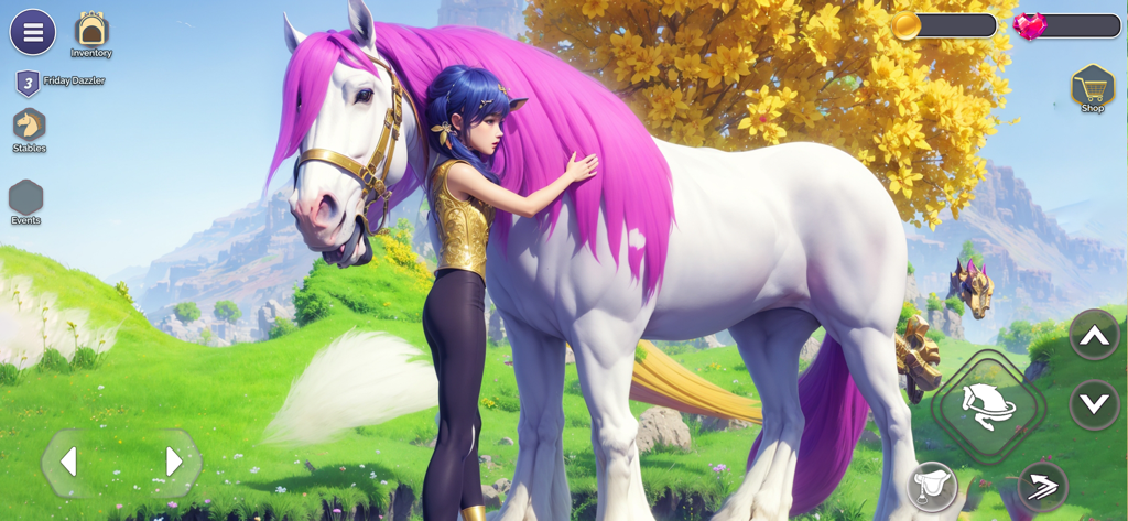 My Fantasy Girls Horse Care 3D - Uma garota com cabelo azul abraçando um cavalo branco com crina rosa em um prado 3D cênico