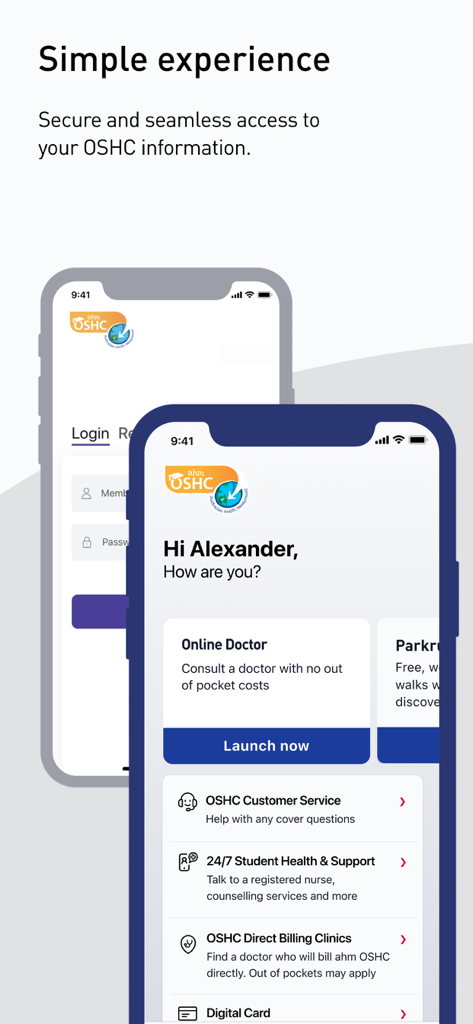 ahm OSHC - ahm OSHC mobile app dashboard showing health support services and direct billing doctor options
