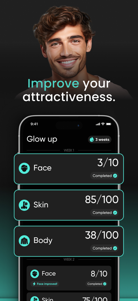 RateByFresh - LooksMax - RateByFresh App-Oberfläche, die Gesichts-, Haut- und Körperattraktivitätswerte für die männliche Glow-Up-Reise zeigt