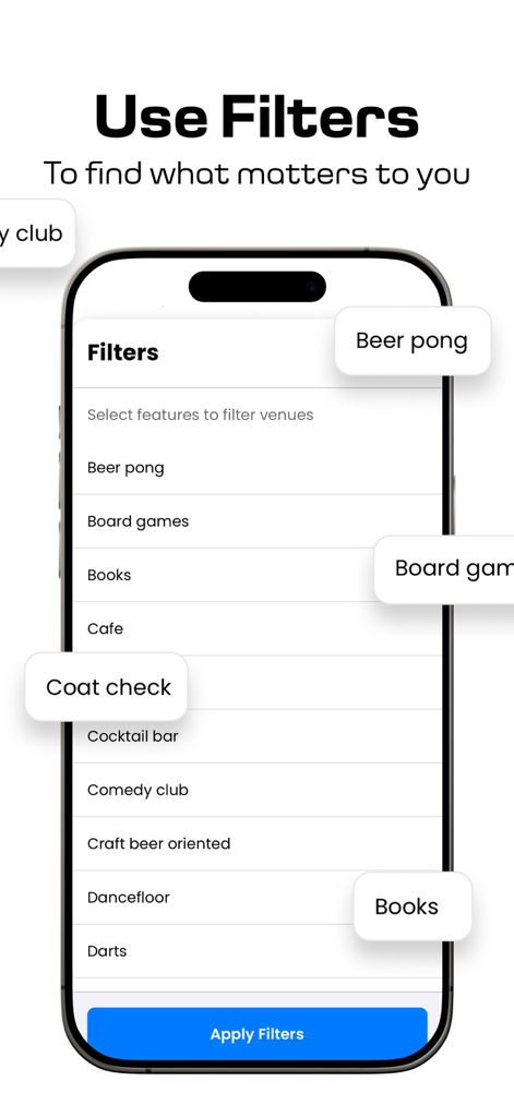 Barhopp - Happy Hour & Events - Interfaccia dell'app Barhopp che mostra filtri per locali come giochi da tavolo e cocktail bar