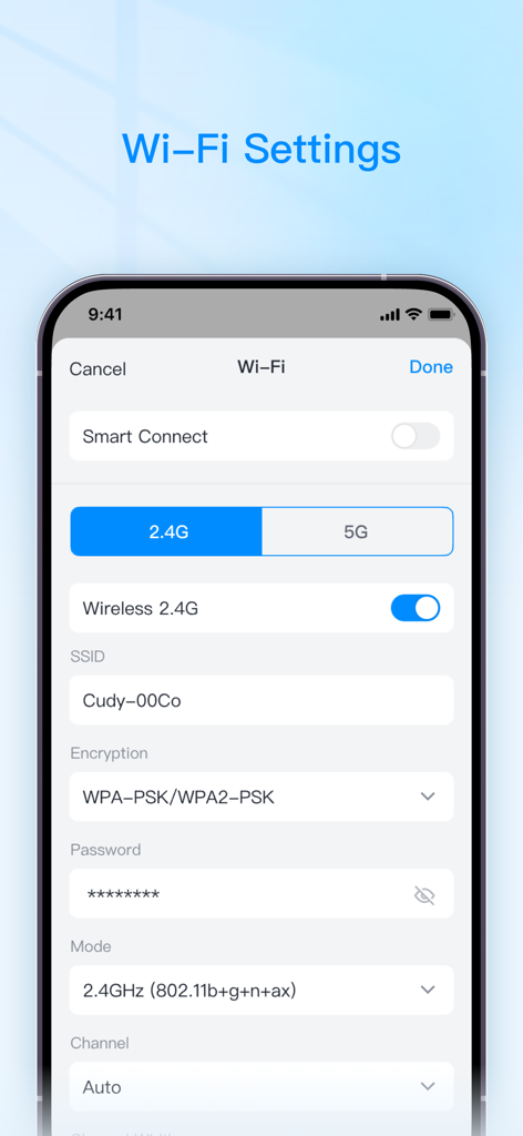 Cudy - Interface for configuring Cudy router Wi-Fi settings including SSID and encryption