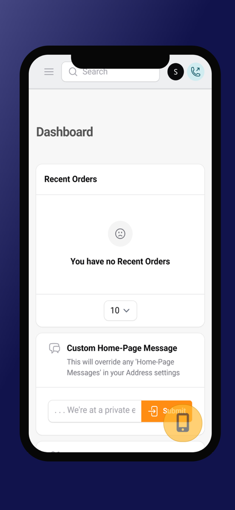 OrderUp App - Managing App - OrderUp App manager dashboard showing empty recent orders list and custom homepage message editor