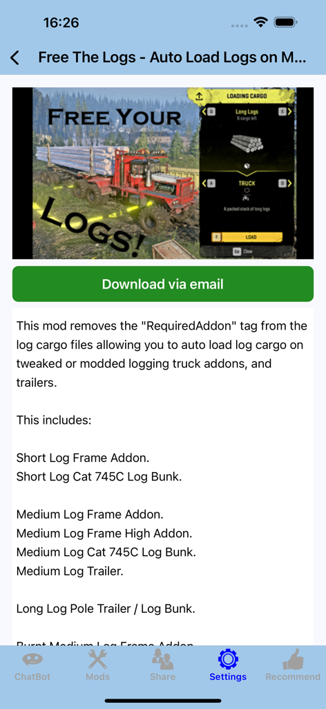 SnowR - DLC Cheat Mods Map(SR) - Captura de pantalla de una página de mod de SnowRunner para carga automática de troncos con un camión maderero rojo.
