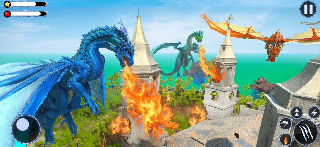 Virtual Dragon Family Sim 3D - Um dragão azul cuspindo fogo em um edifício de pedra em um jogo de simulador 3D.