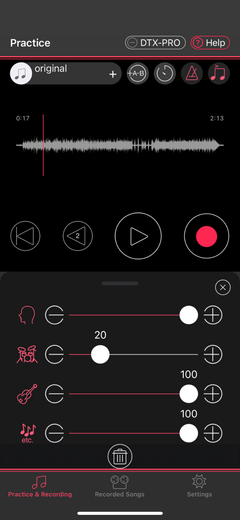 보컬, 드럼, 기타의 오디오 트랙 분리를 보여주는 Yamaha Rec'n'Share 앱 인터페이스