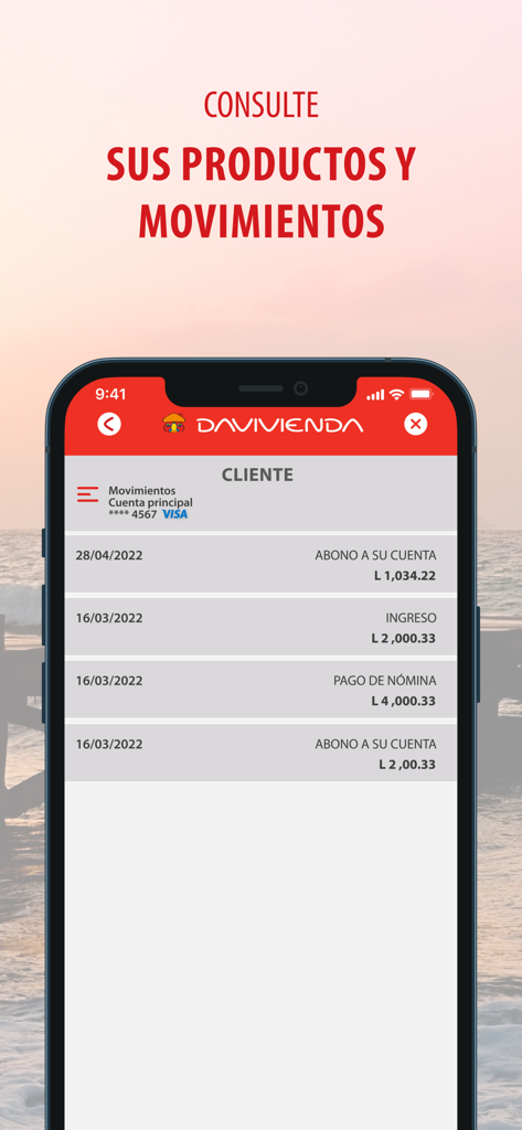 Davivienda Honduras - Davivienda Honduras mobile app interface displaying a list of recent bank account transactions and deposits.