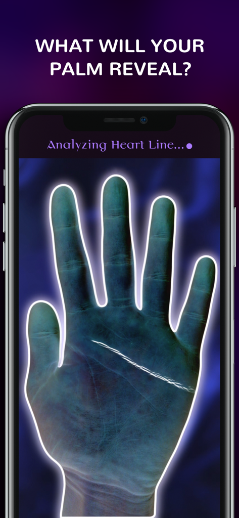 Palmist - AR Palm Reader - An iPhone screen showing the Palmist app using AR to analyze a heart line on a palm.