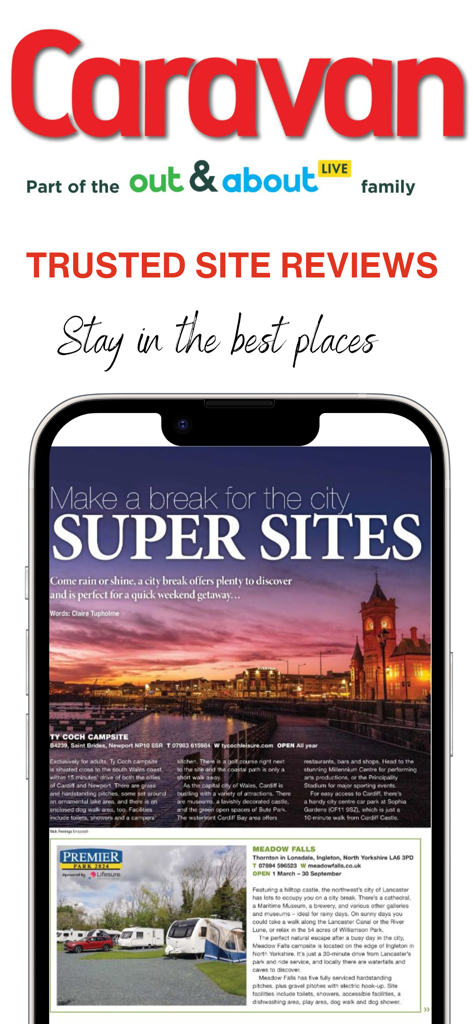 Caravan Magazine - Caravan Magazine app screen displaying trusted site reviews and city break travel destinations