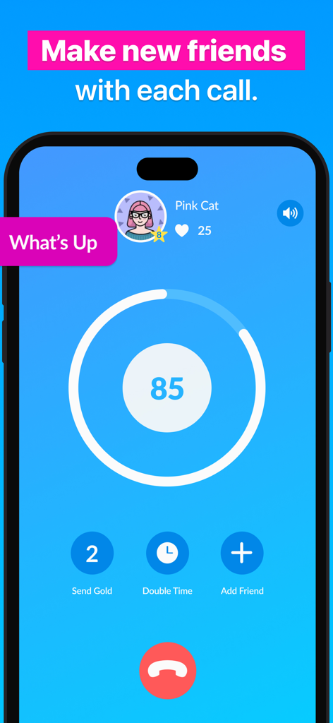 BlindID: Live & Group Chat - BlindID app interface showing a live anonymous voice call with a countdown timer and options to send gold or add friends