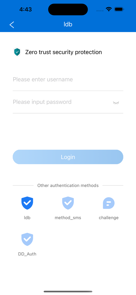 iSecSP - iSecSP app login interface with zero trust security protection and authentication options