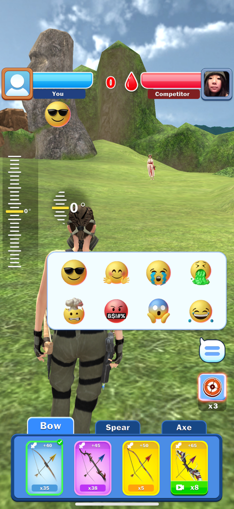 Archery Master: Hero Clash 3d - Vista dentro del juego de Archery Master Hero Clash 3d mostrando el menú de selección de arco y opciones de chat con emojis durante un duelo
