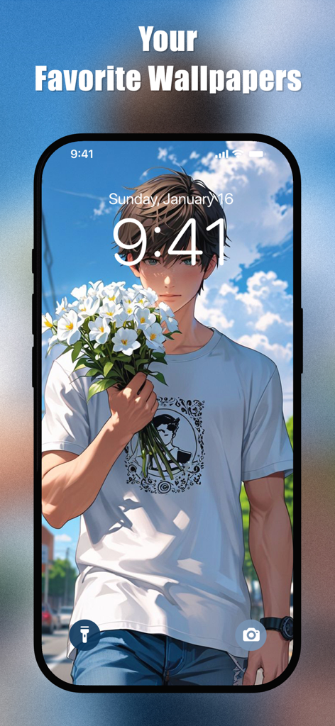 Anime Boy Wallpapers - Ästhetischer Anime-Junge mit einem Blumenstrauß weißer Blumen auf einem iPhone-Sperrbildschirm