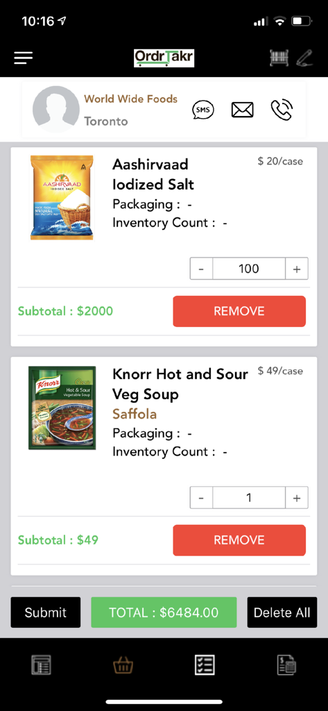 Interfaz de la aplicación móvil OrderTakerCRM que muestra un carrito de productos mayoristas con cantidades y resumen total del pedido