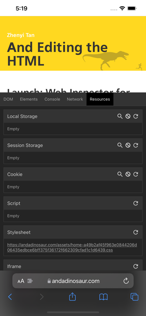Web Inspector montrant l'onglet Ressources pour le débogage du stockage local, des cookies et des feuilles de style dans Safari mobile