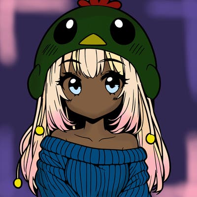 anime girl with chick shaped hat with sweater with bare shoulders with bangs covering them one eye with low tail
