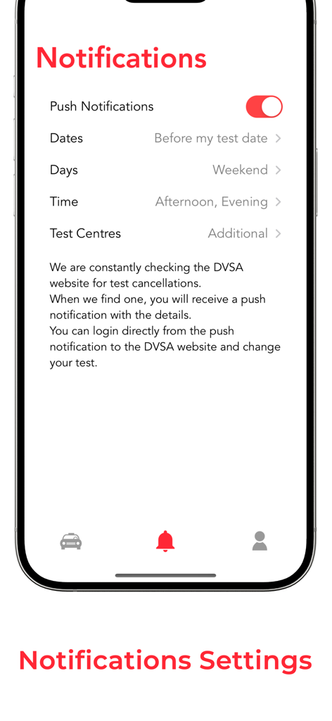 Testi Driving Cancellations UK - Un'interfaccia mobile che mostra le impostazioni delle notifiche push per l'app di cancellazione dell'esame di guida Testi