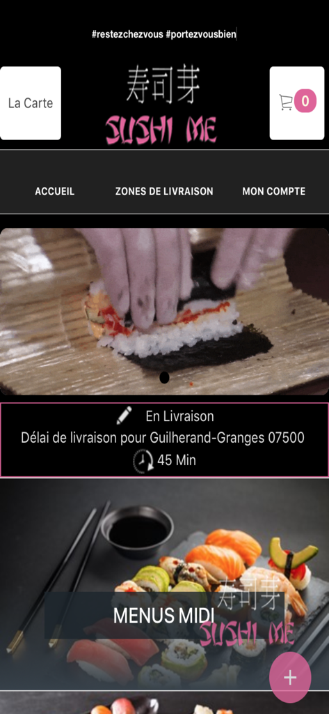 Screenshot dell'interfaccia dell'app mobile Sushi Me che mostra la schermata principale con foto di sushi e opzioni di consegna