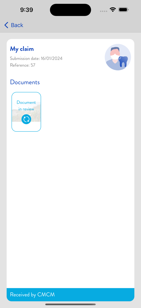 CMCM app screen showing a dental claim status with documents in review