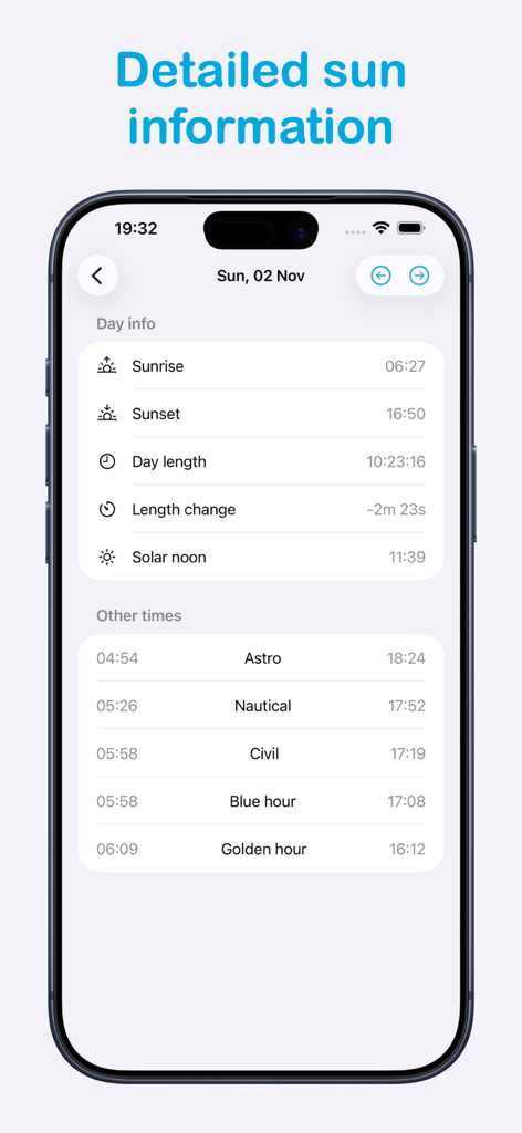 Sunrise Sunset: Times & Alarms - iPhone-Screenshot mit detaillierten Sonneninformationen, einschließlich Phasen für Sonnenaufgang, Sonnenuntergang, goldene Stunde, blaue Stunde und Dämmerung