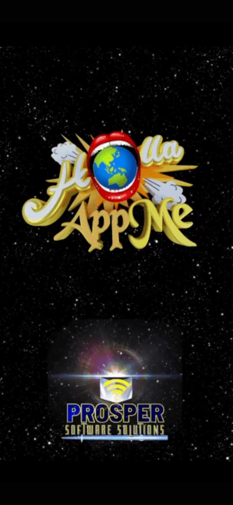 Holla App Me - Tela de introdução do Holla App Me com um logo 3D colorido e um ícone de globo em um fundo estrelado.