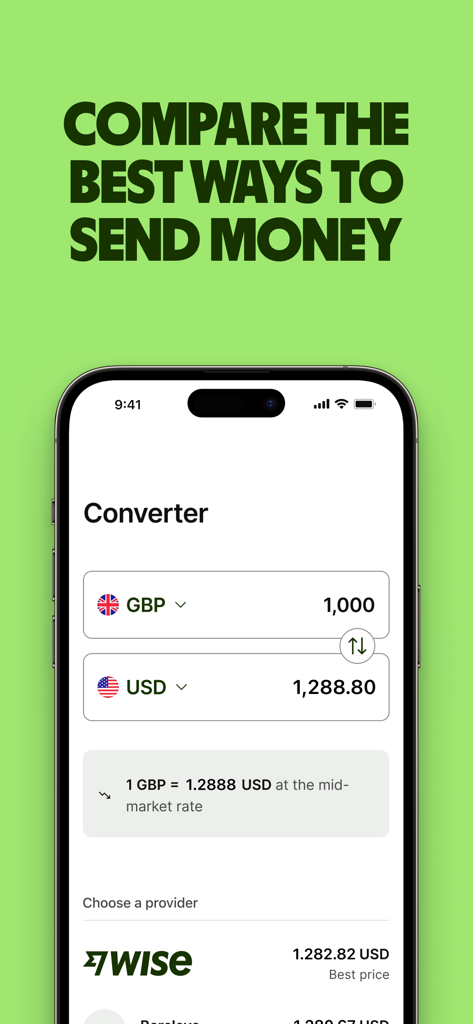 Interfaz del convertidor de divisas comparando proveedores de transferencias de dinero para la conversión de GBP a USD