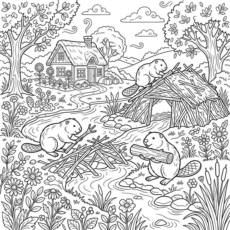 Step into a charming, rustic world where diligent beavers are hard at work building their dam in a picturesque cottagecore landscape. This intricate coloring page invites you to bring a scene of natural harmony and cozy rural life to vibrant life.