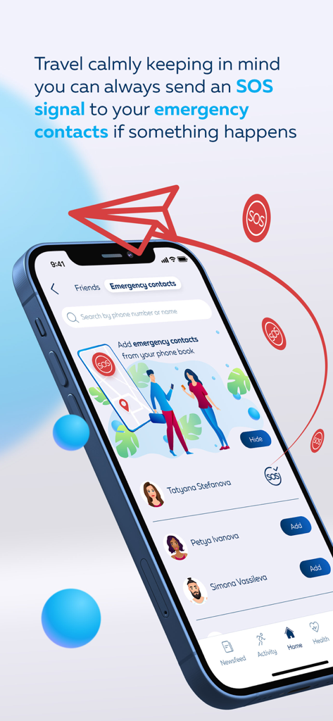 Kaksi - Kaksi mobile app screen showing the emergency contacts list and SOS signal safety feature