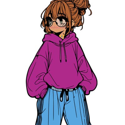 manga girl with a messy bun oversized sweatshirt glasses and baggy pants