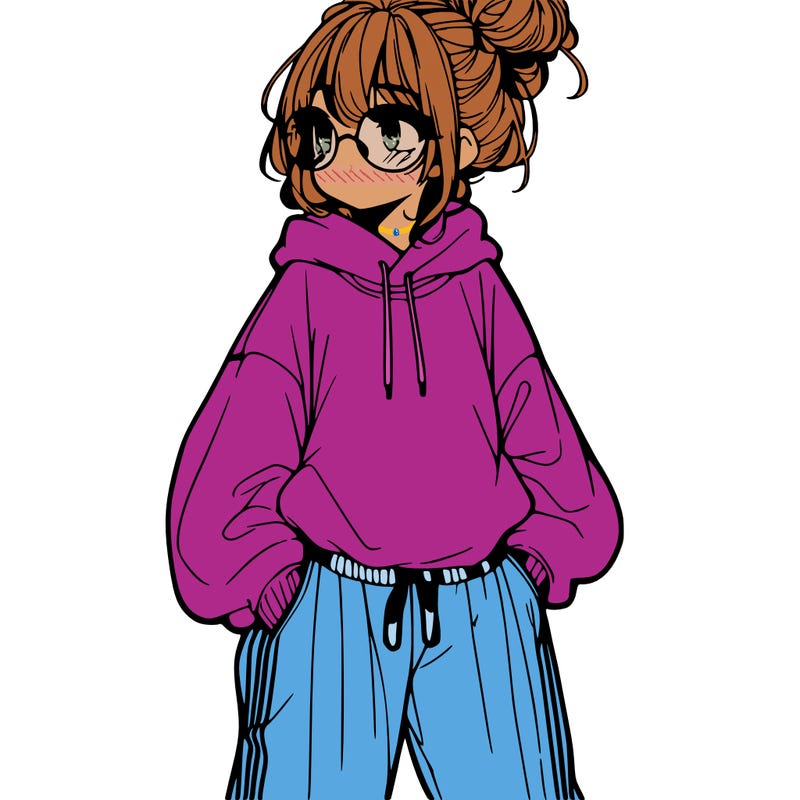 manga girl with a messy bun oversized sweatshirt glasses and baggy pants