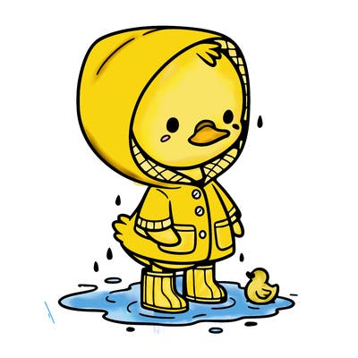 baby duck in a rain coat and boots, in a puddle while it’s raining