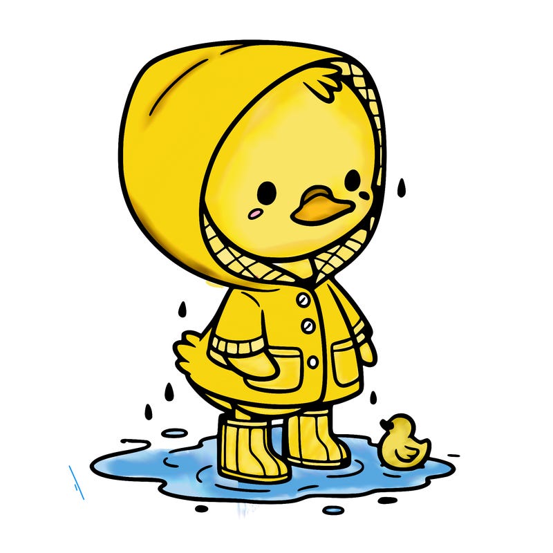 baby duck in a rain coat and boots, in a puddle while it’s raining