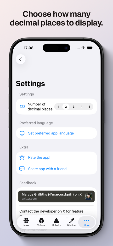 Lab Mate — Molarity & Dilution - Lab Mateアプリの設定画面に、小数点以下の桁数と言語のオプションが表示されています