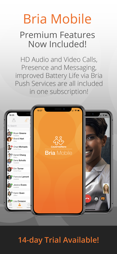 Bria Mobile: VoIP Softphone - Bria Mobile VoIP softphone app interface showing video calls and contact list on iPhones