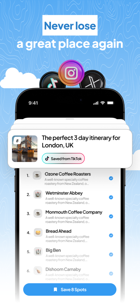 Latera - Save Spot & Plan Trip - Mobile app screen showing a three-day London itinerary with sightseeing and dining spots saved from TikTok