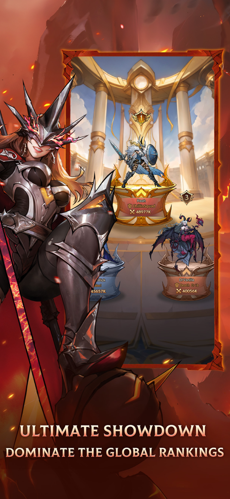 Omniheroes - Omniheroesのワールドアリーナのリーダーボードの前に立つ様式化されたワルキューレ戦士のキャラクター