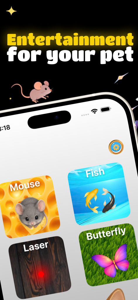 Cat Games: Tap & Play - Main menu of the Cat Games app showing options for mouse fish laser and butterfly hunting games for pets