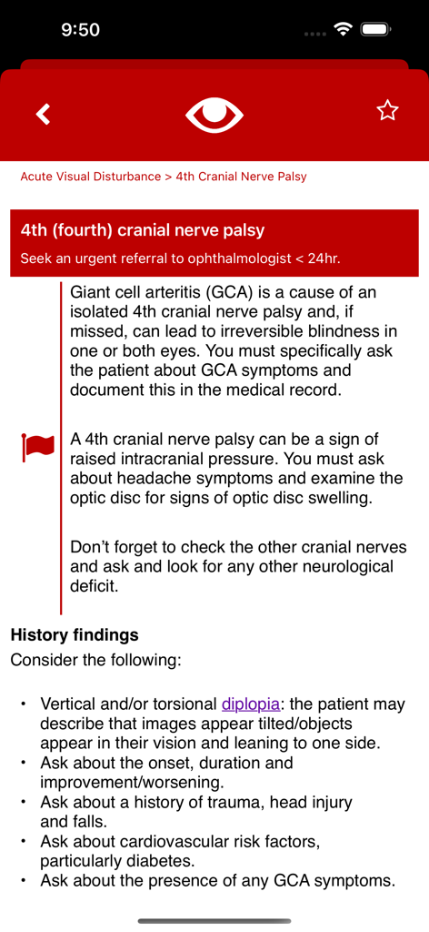 Eye Emergency Manual - Medical guidelines for fourth cranial nerve palsy in the Eye Emergency Manual app.