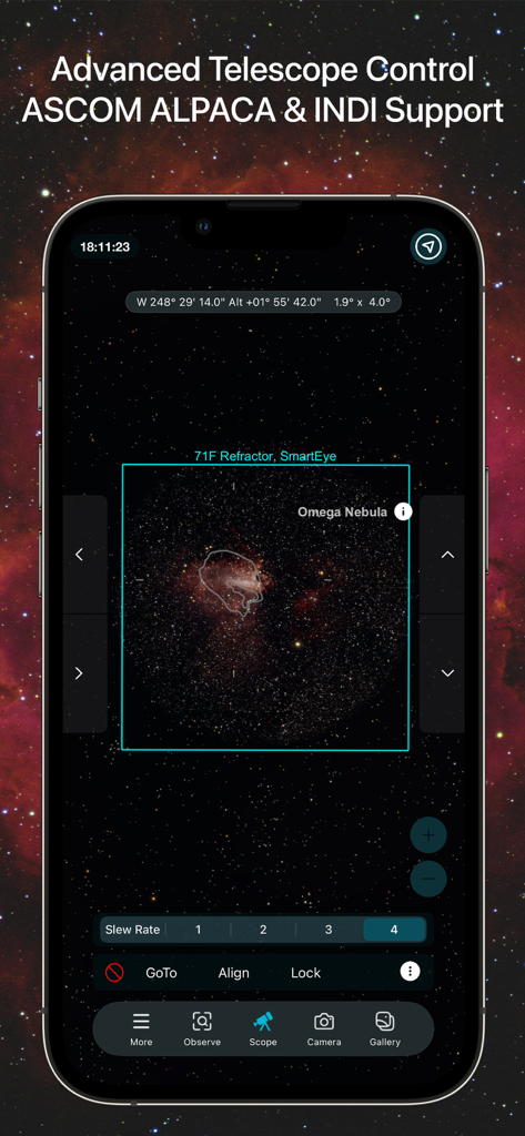 SkySafari 8 Pro - SkySafari 8 Pro app interface for advanced telescope control showing the Omega Nebula and ASCOM ALPACA support